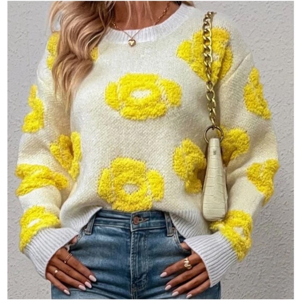 Cozy Yellow Floral Fuzzy Loose Fit Sweater Top S M L 1X 2X 3X